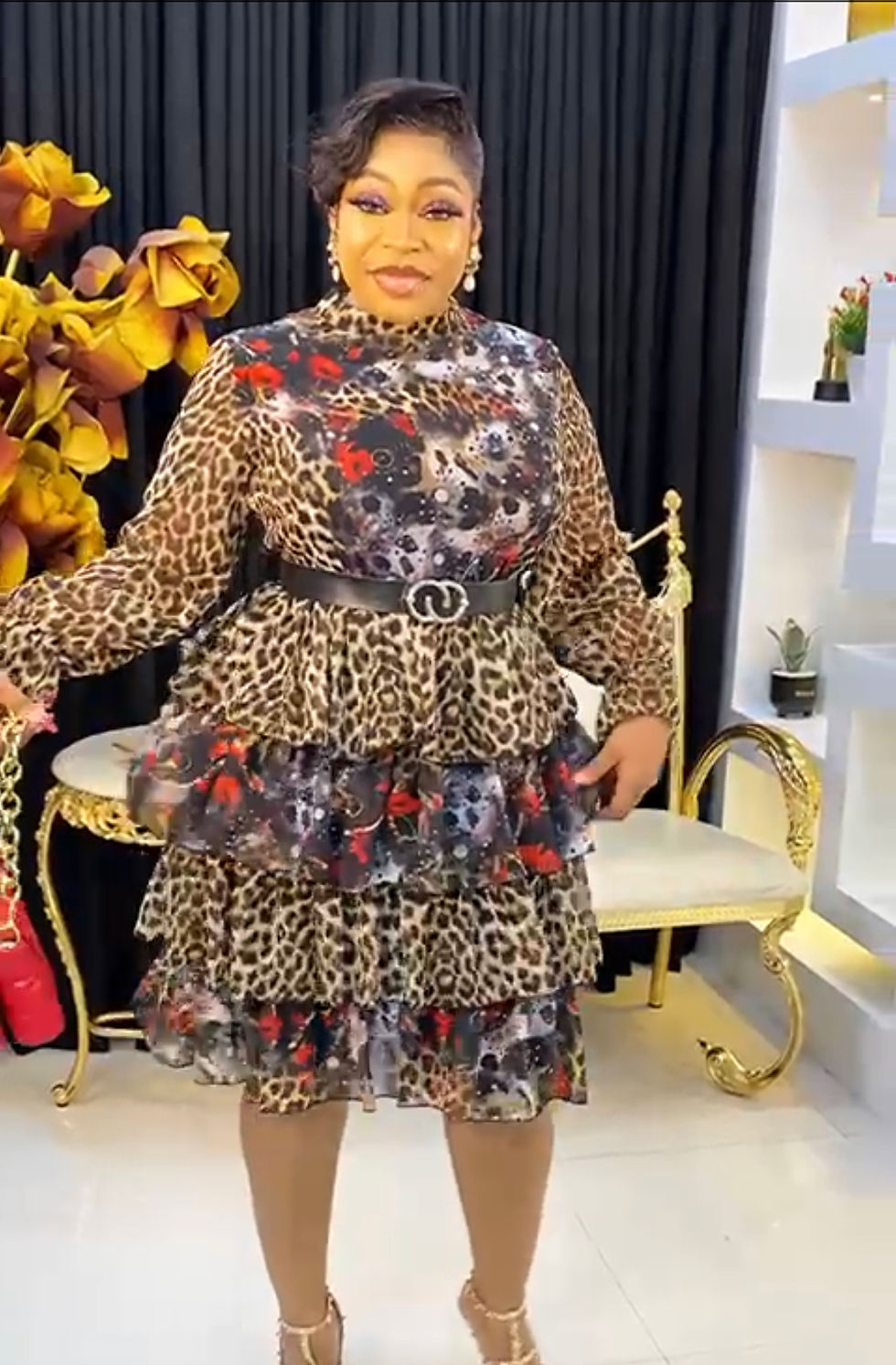 Миниатюра: Leopard Print Tiered Long Sleeve Midi Dress Womenswear 