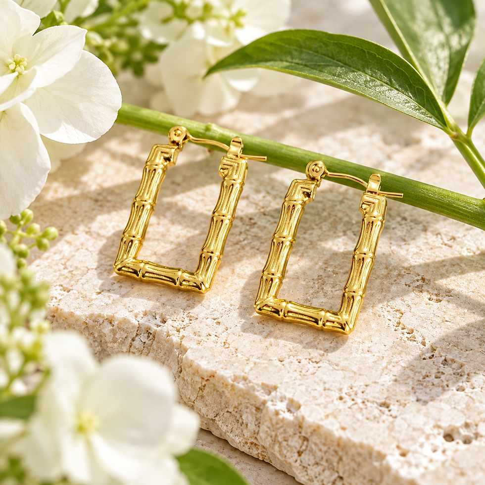 Thumbnail: Gold-Tone Stainless Steel Bamboo Rectangular Hoop Earrings Geometric Earrings