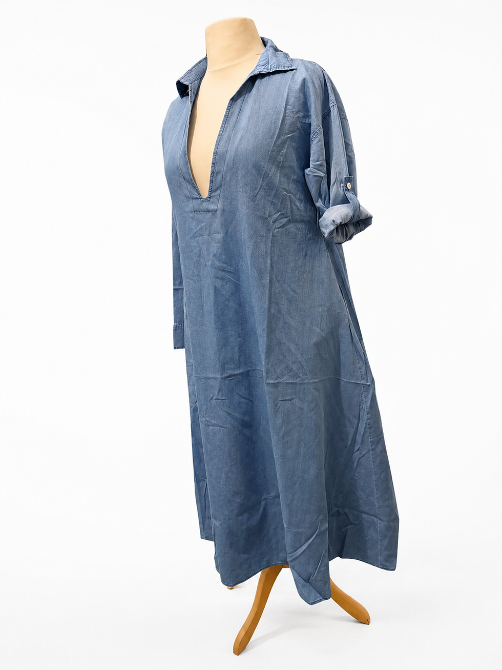 Miniatura: Women's Light Blue Oversized Denim Midi Dress – Relaxed Collared V-Neck Swing Dr