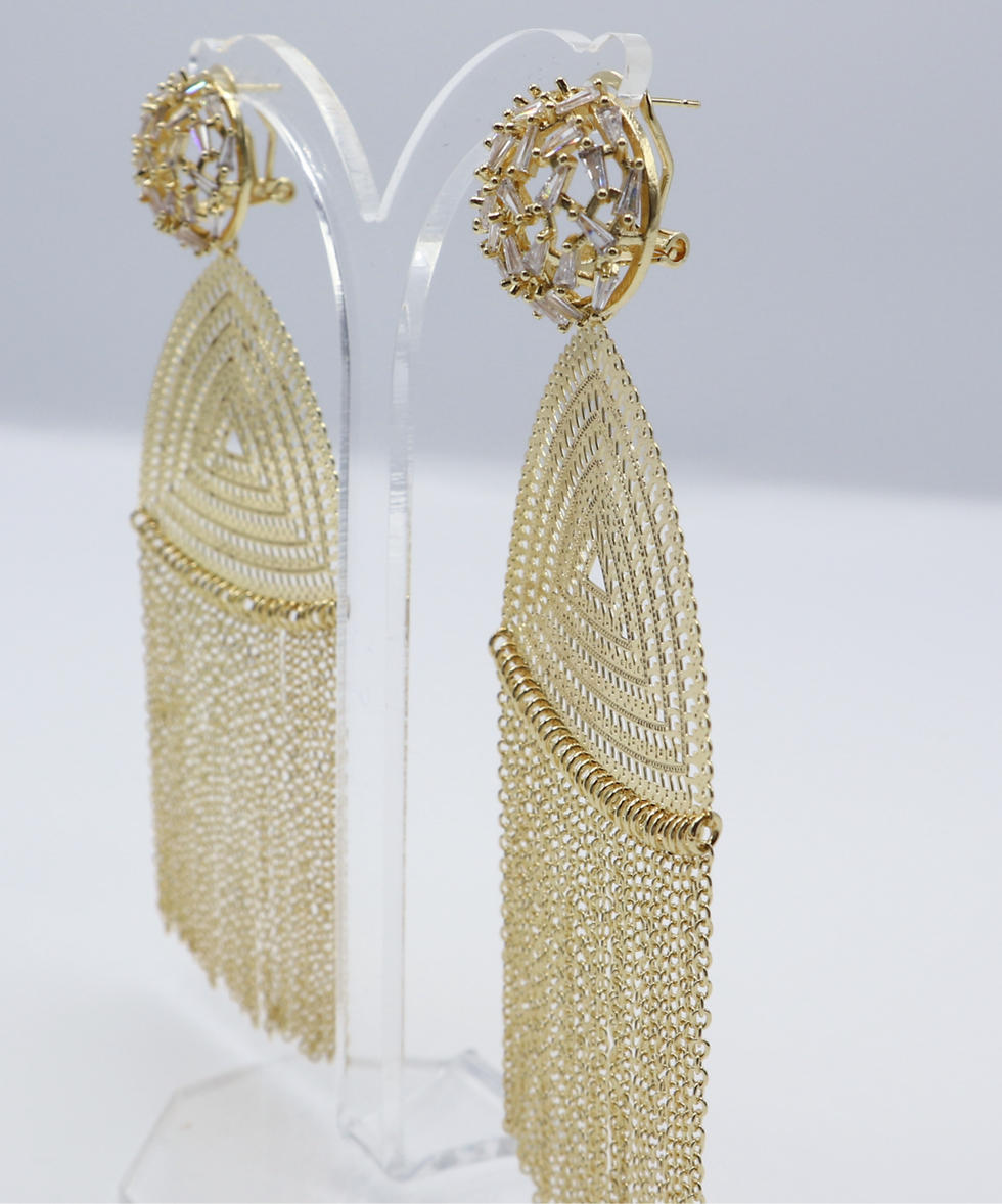 Miniaturebillede: Stunning CZ Dangly Tassel Chain Gold Plated Earrings
