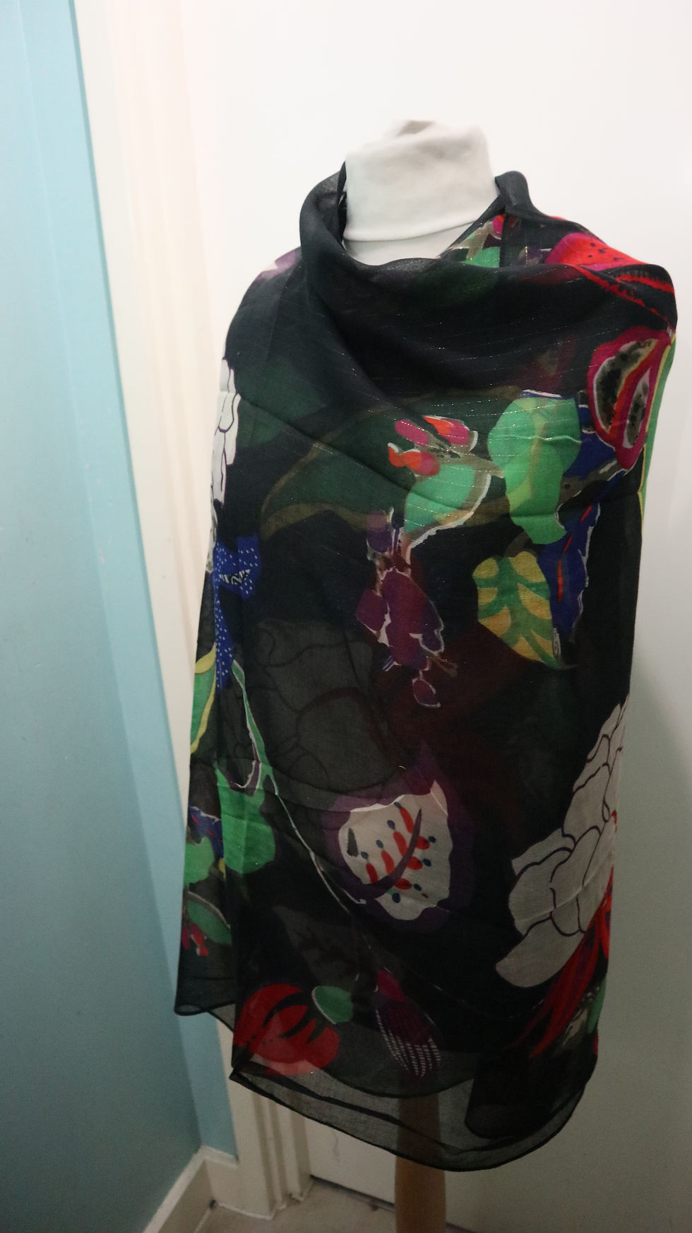 Thumbnail: Large Floral & Metallic Stripe Frayed Scarf Womenswear 