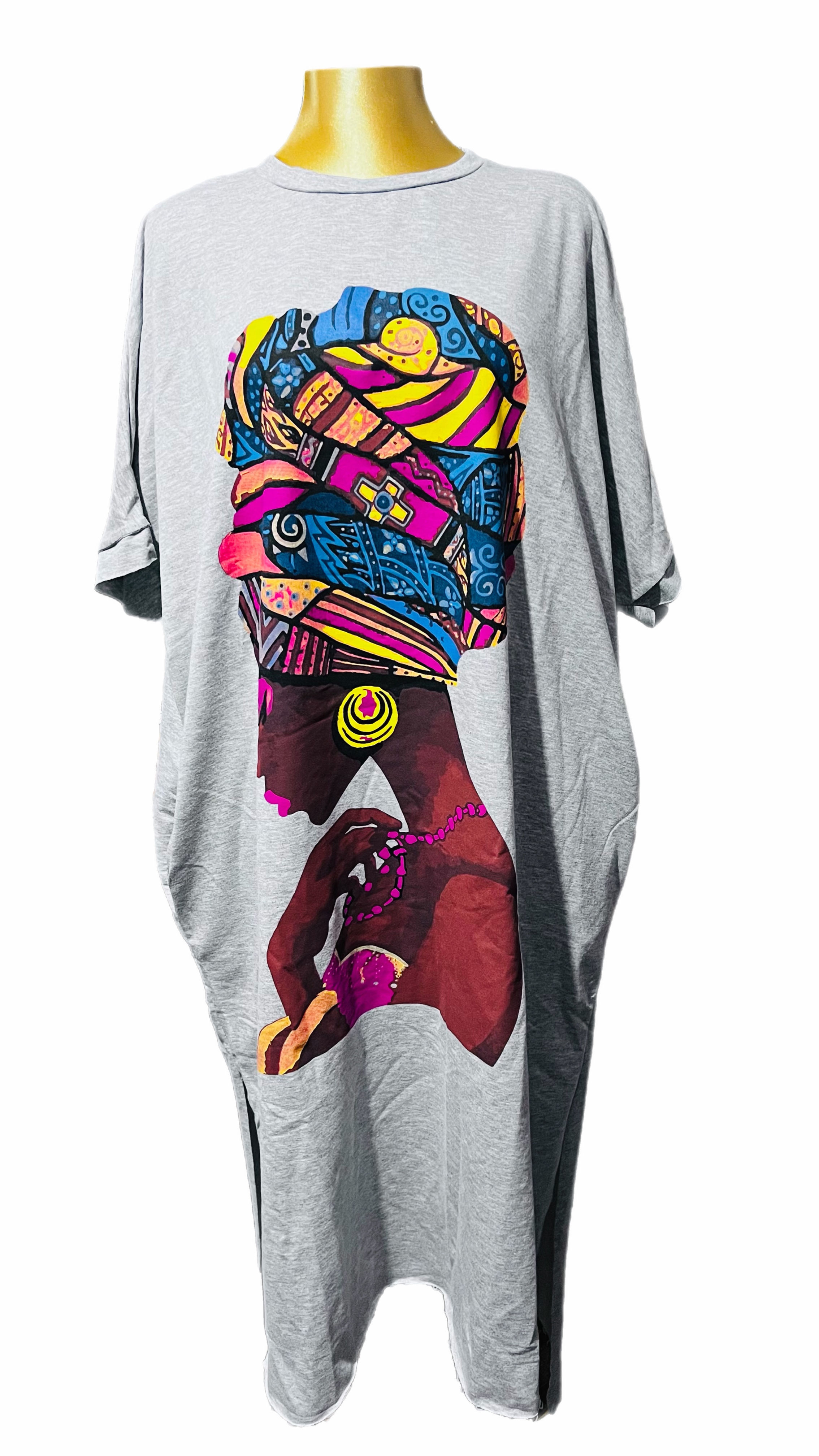 Women's Grey African Queen Graphic T-Shirt Dress | Oversized Casual Cotton