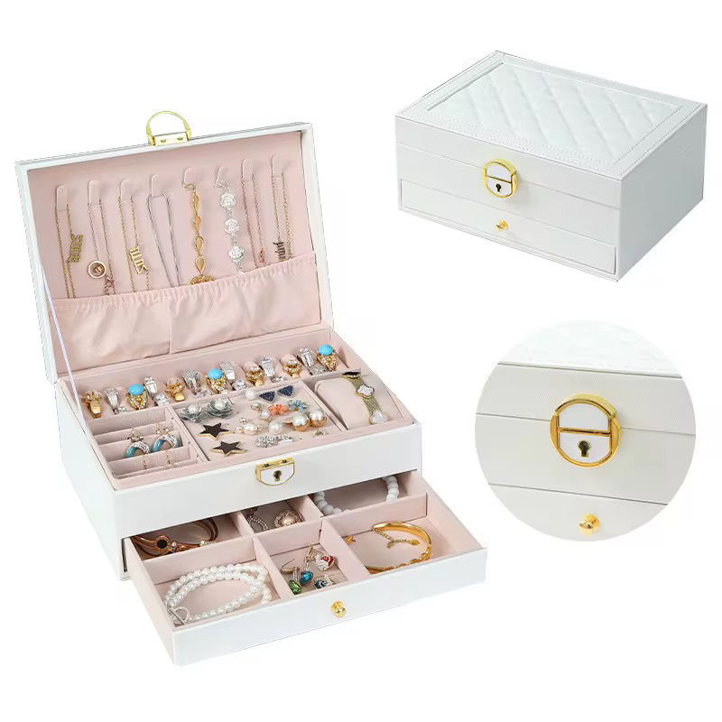 Thumbnail: Leather Jewelry Box 2-Layers Jewelry Storage Box With Lock Multifunctional