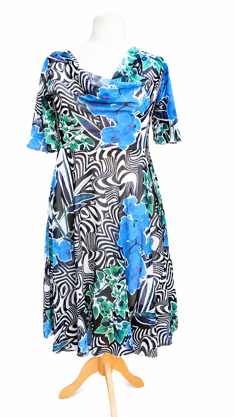 Miniatyrbild: Elegant Blue Floral Abstract Print Midi Dress Flutter Sleeves & Cowl Neckline