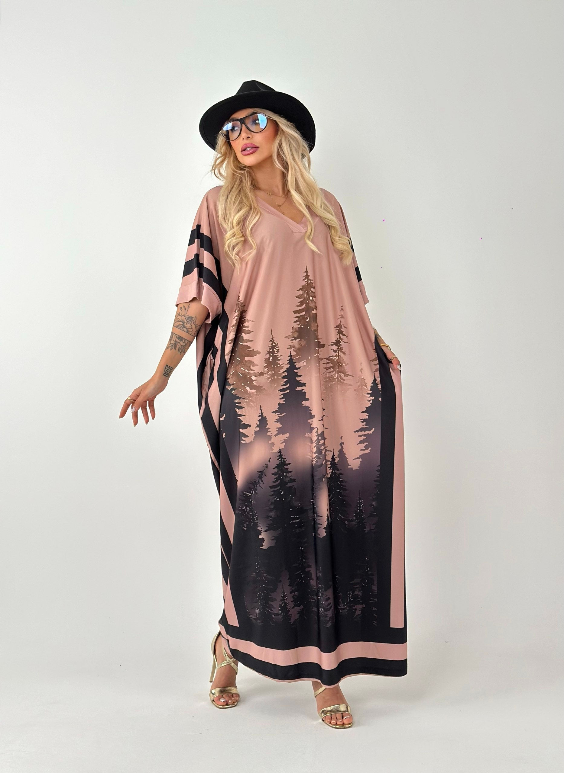 Blush Pink Forest Print Kaftan Maxi Oversized Loose Fit Women's Lounge Dress