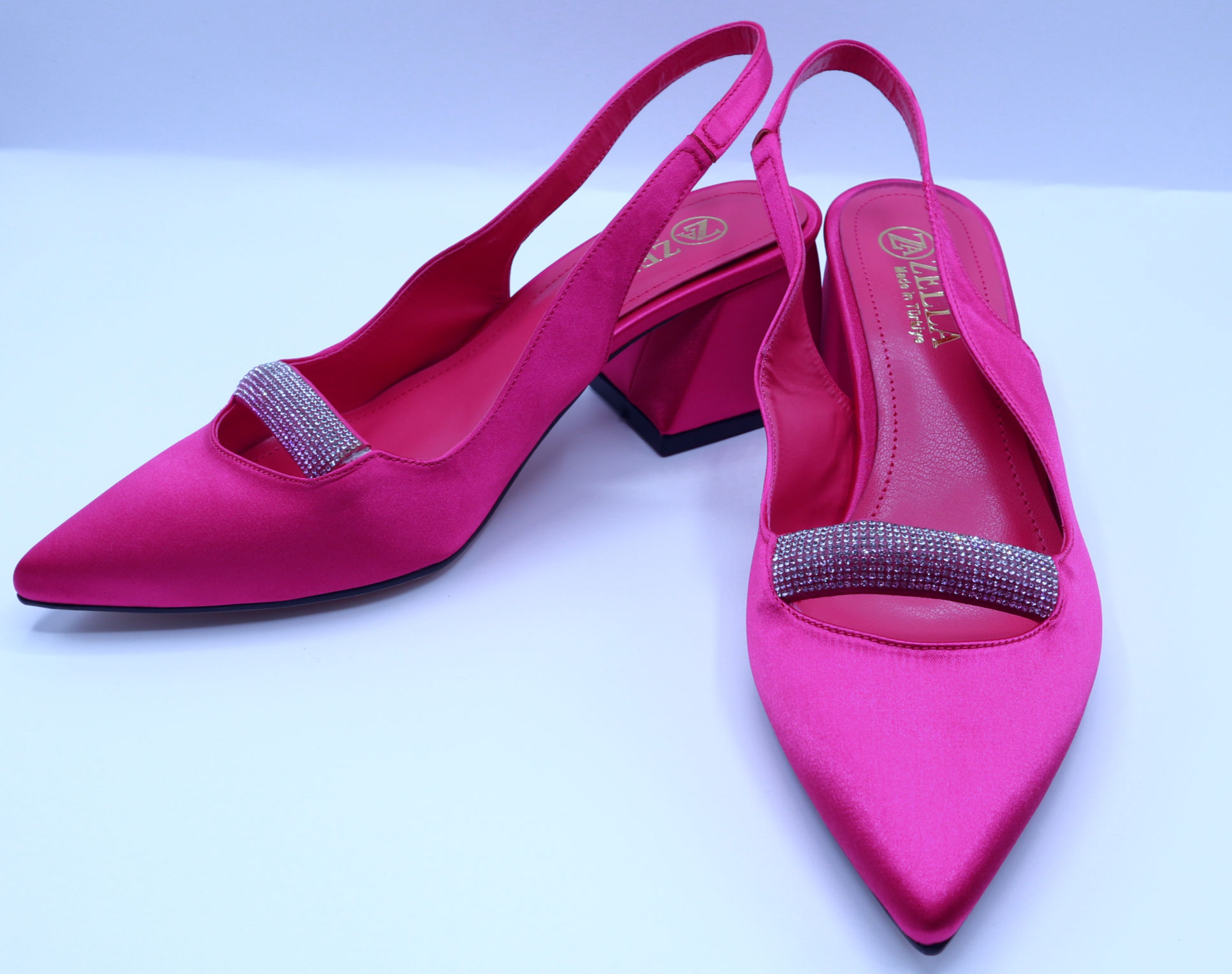 Fuchsia Pink Women’s Slingback Mid Block Heels Rhinestone Detail Shoe
