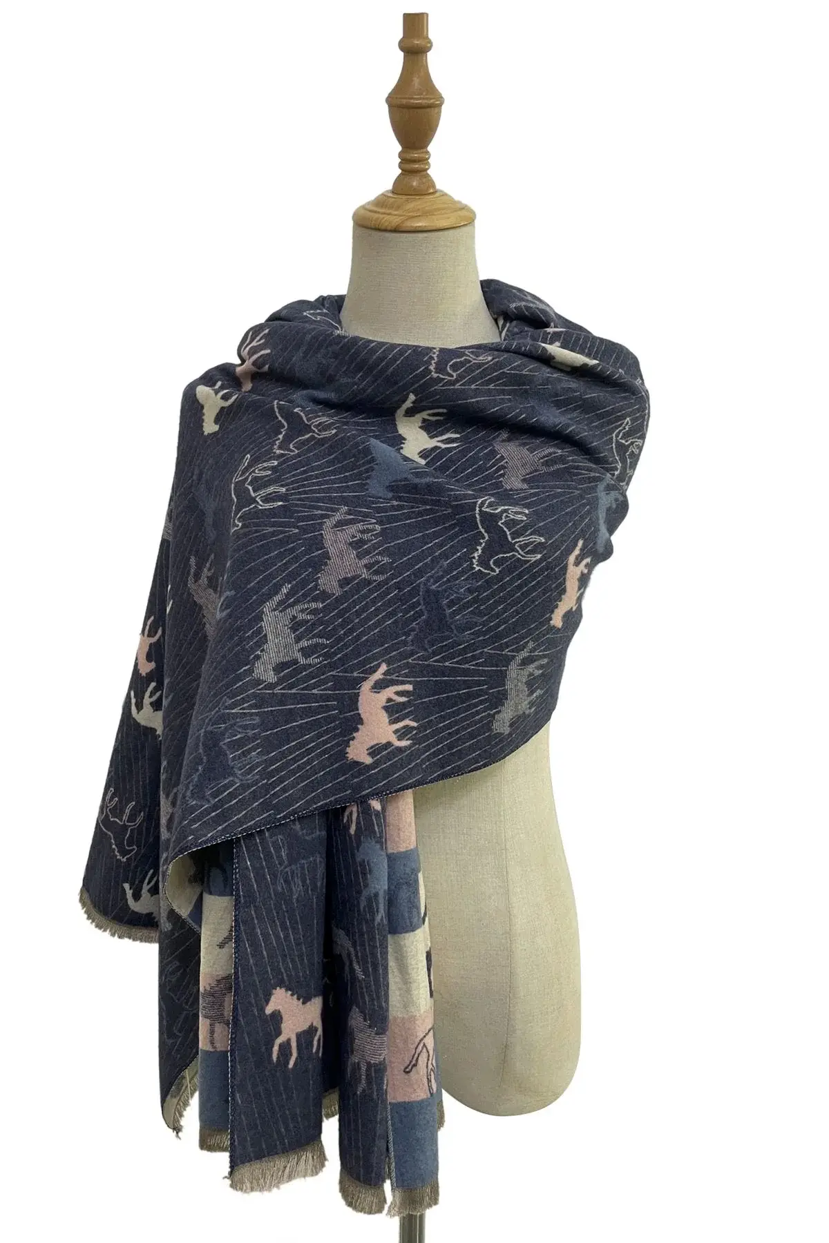 Horse Print Reversible Stripe Frayed Scarf