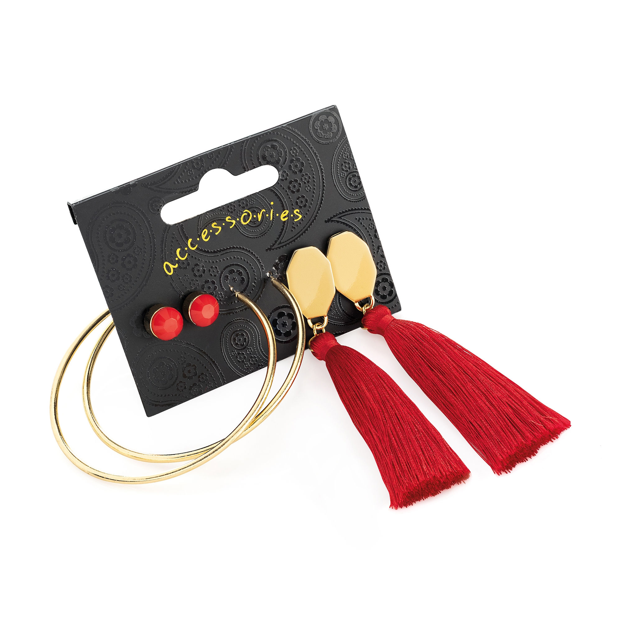 Gold colour stud, hoop and red tassel drop earrings