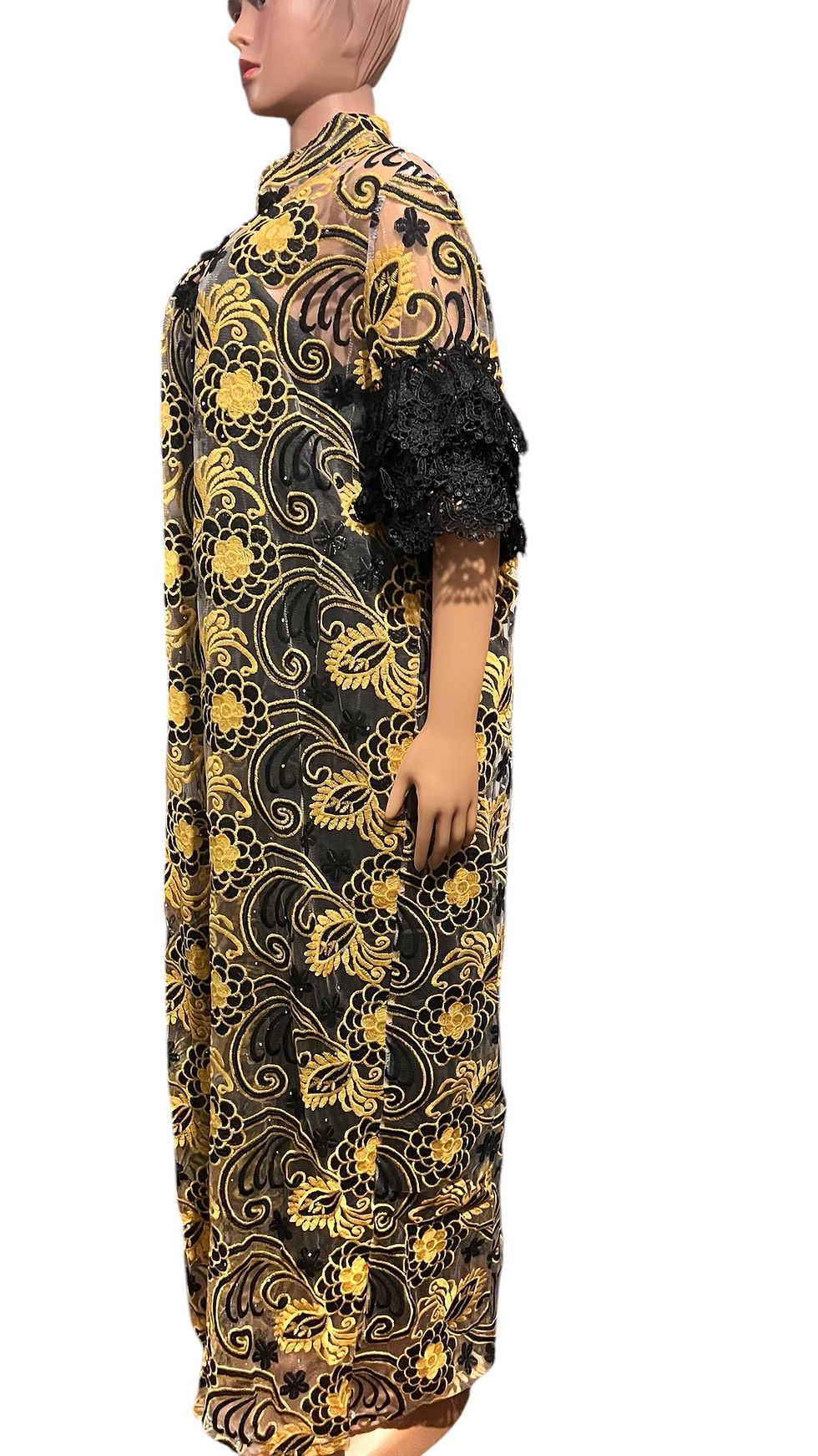 Thumbnail: Lace Flower Design Mandarin Collar Long Dress Free Size