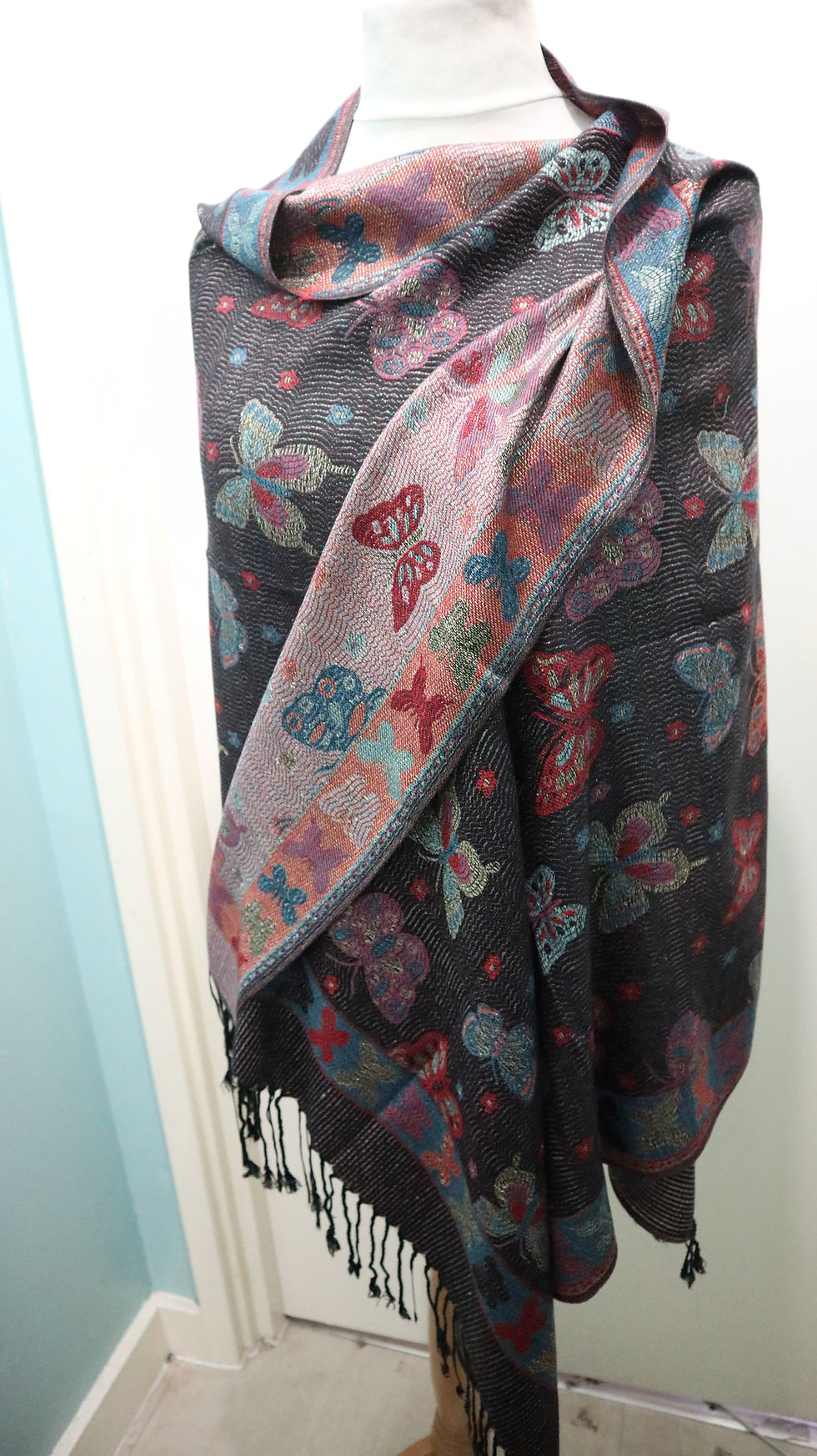 Miniatyrbild: Black Metallic Thread Butterfly Print Tassel Scarf,Hijab,head wrap,ankara head w
