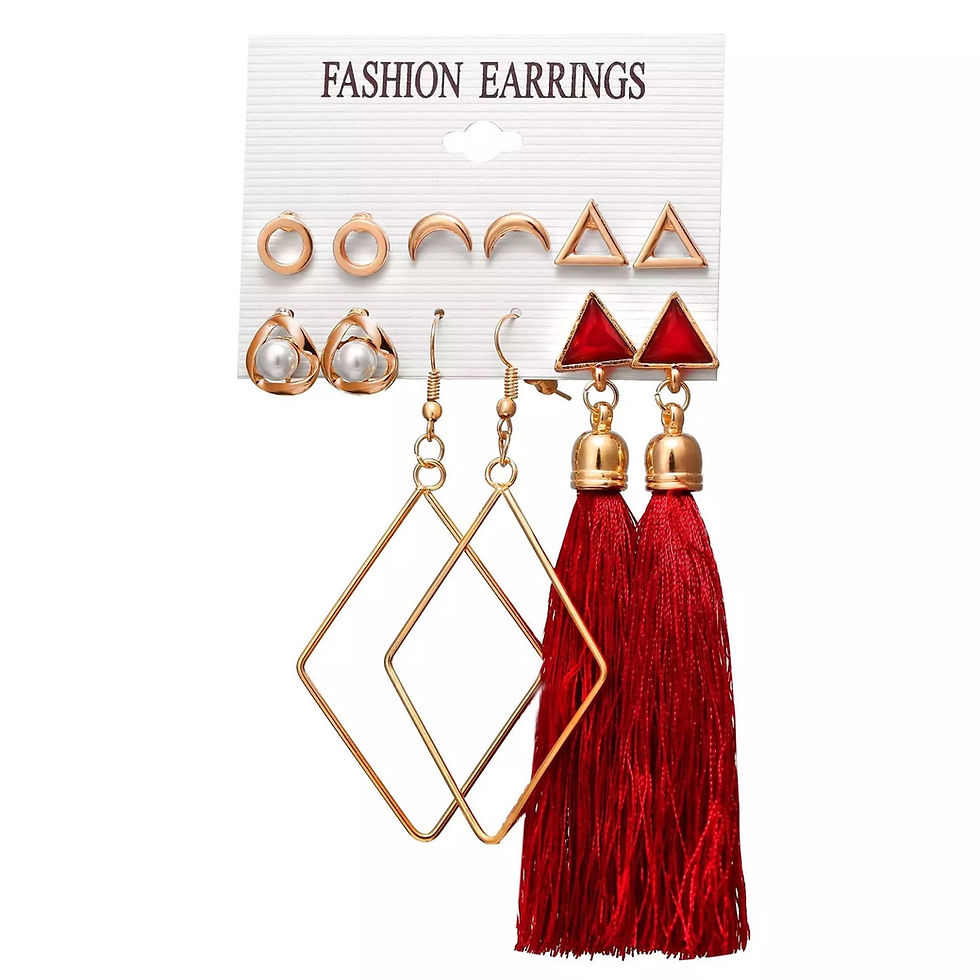 Thumbnail: Tassel, Triangle and Studs Gold Colour 6 Pairs Earrings