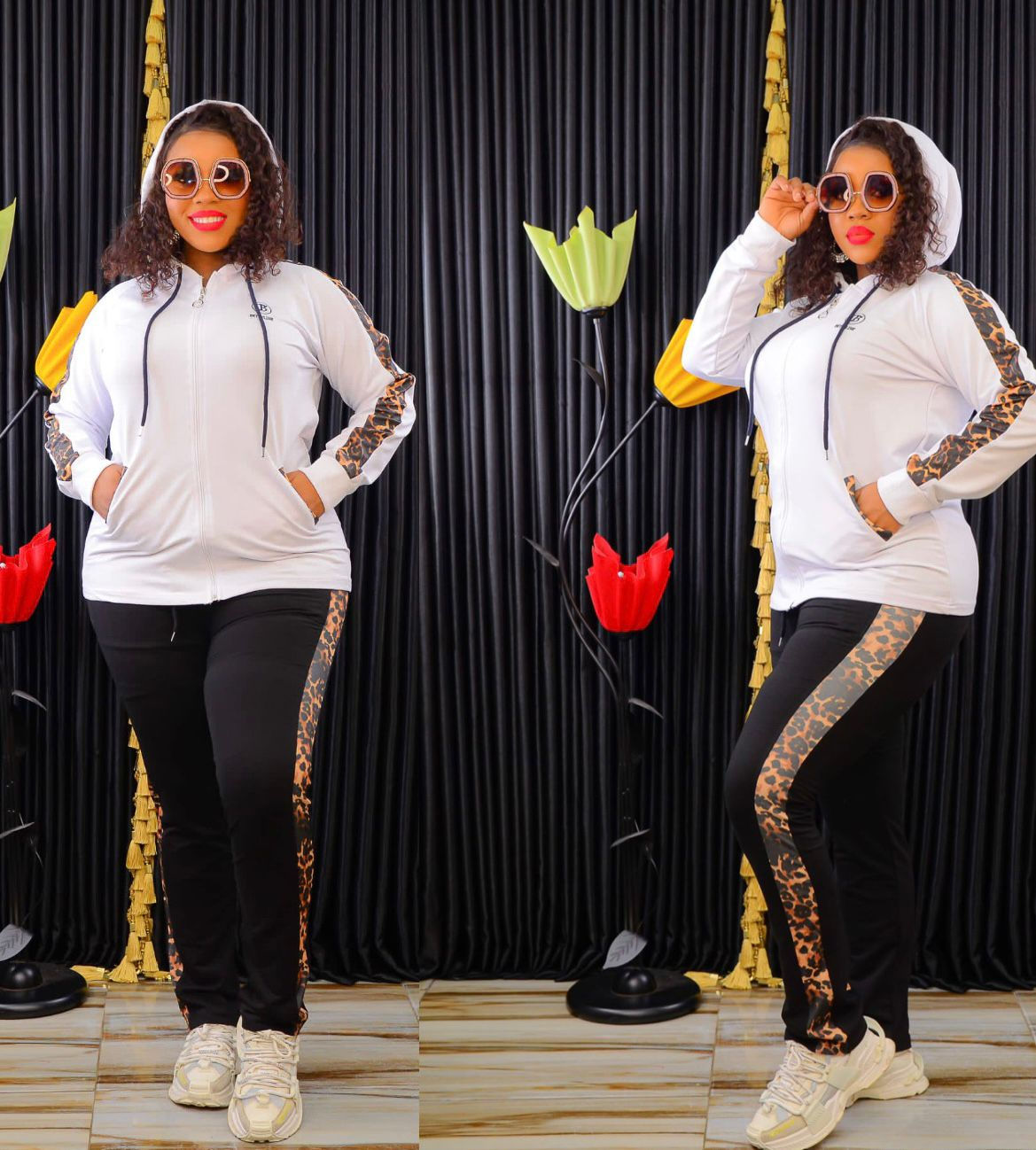 Women Zip Up Sweater and Pant With Sides Animal Print Tracksuit