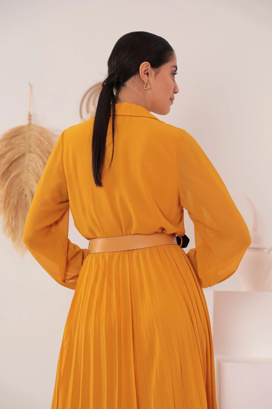 Thumbnail: Mustard Pleated Chiffon Shirt Dress With Belt