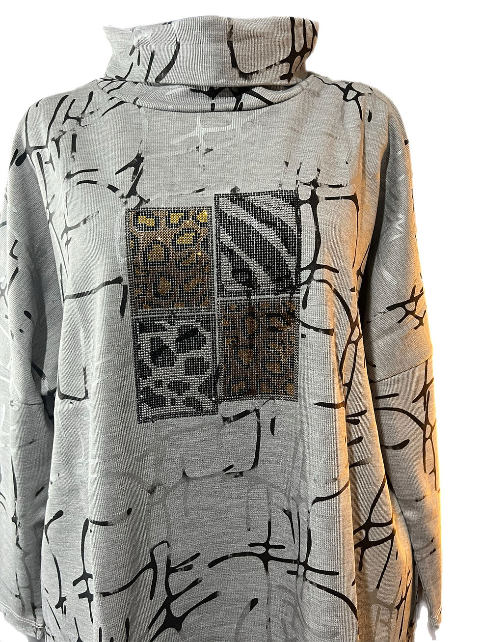Thumbnail: Oversize Urban Luxe Abstract Cowl Neck Bling Tunic Top