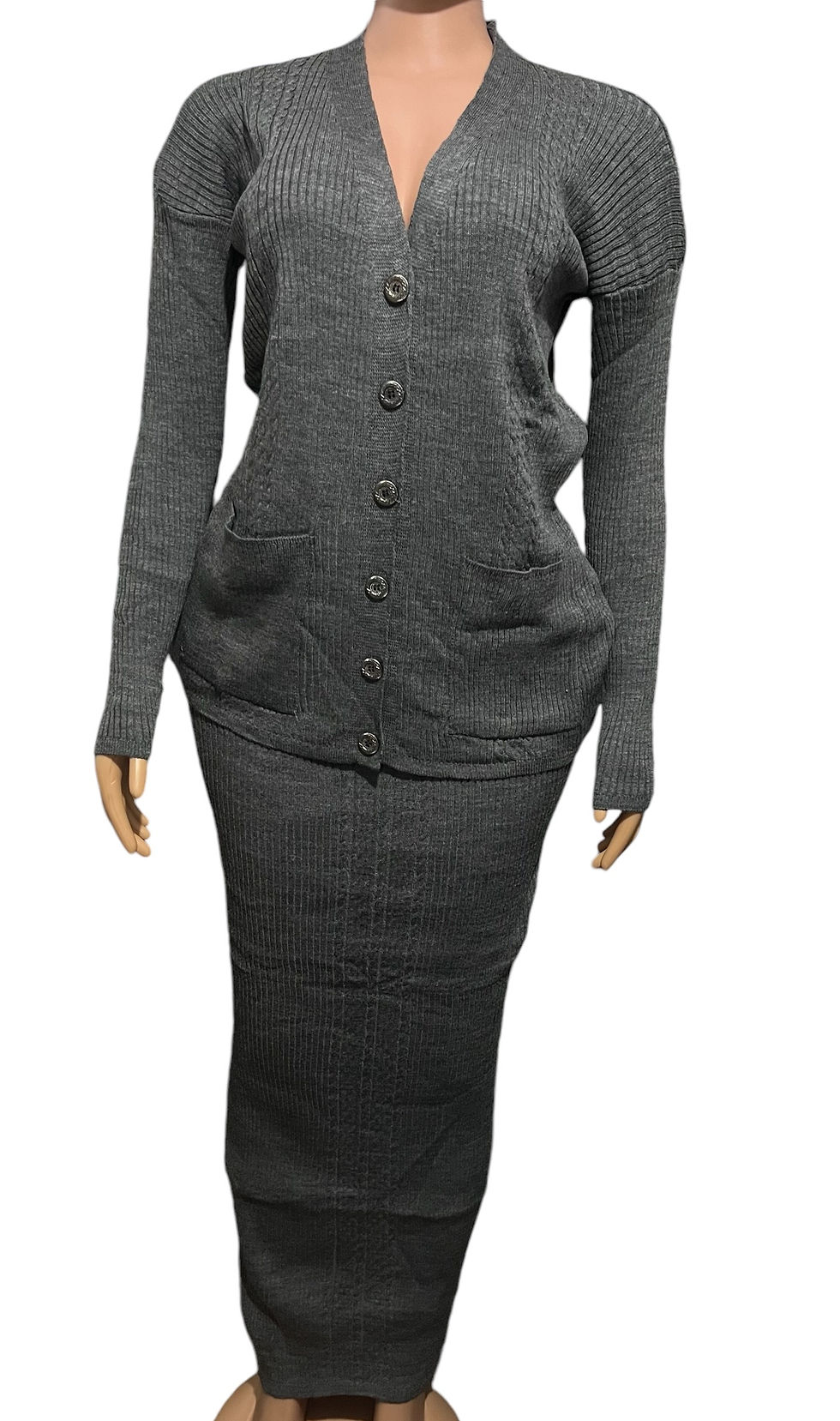 Miniaturebillede: Knitted Cardigan and Tube Skirt in Dark Grey