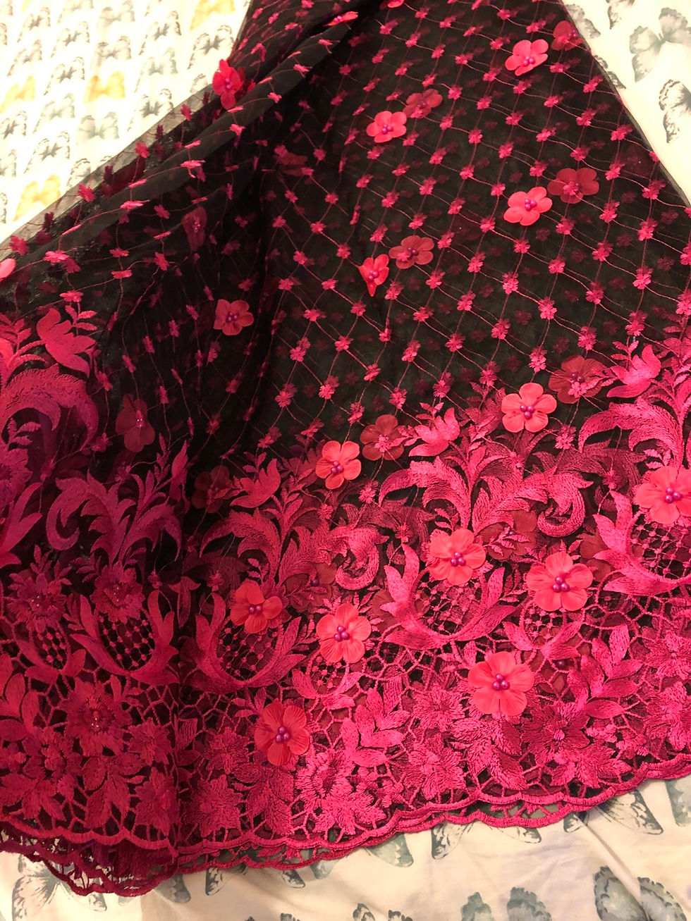 Miniatura: Hot Fuchsia Pink 3D Flower and Bead French Africa Net Lace Fabric 