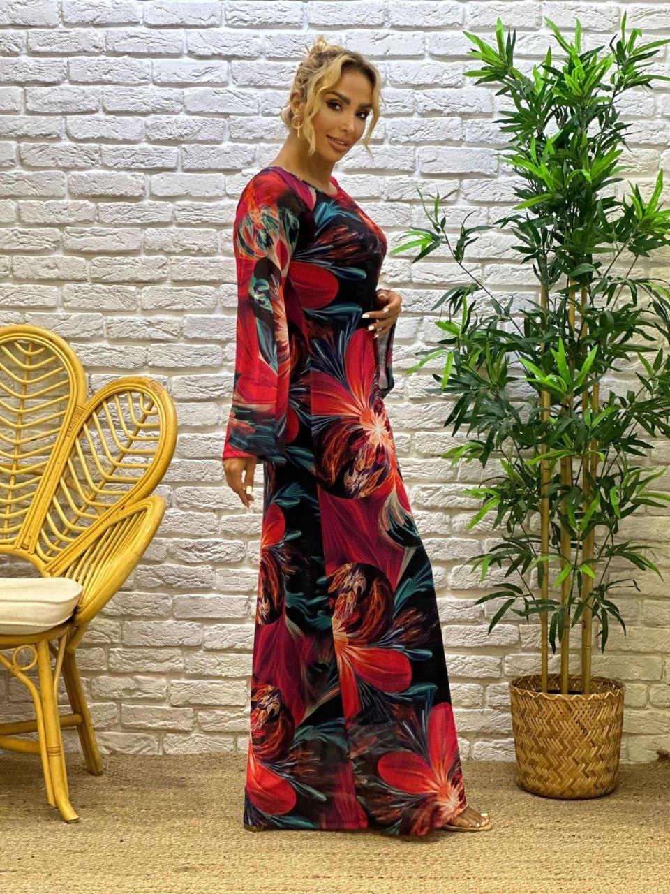 Miniatura: Floral Women’s Mesh Flare Sleeves A-Line Long Dress Womenswear 