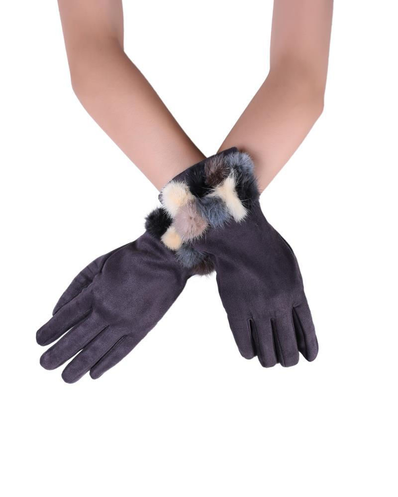 Miniatura: Mini Real Fur Mix Pom Pom Plain Touchscreen Gloves