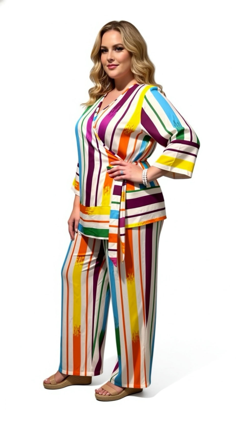 Miniature : White Multicolour Wrap Blouse and Trouser Co-Ord Set