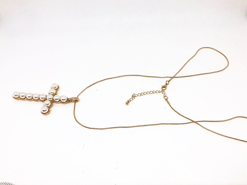 Thumbnail: Classic Pearl Cross Detail Long Chain Necklace and Earring Set