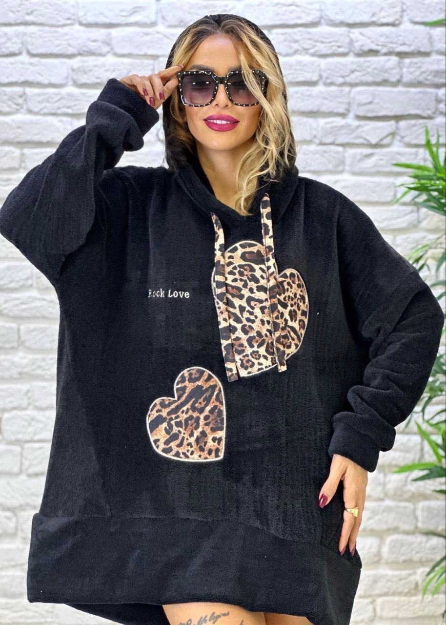Miniaturbild: Women’s  Drop Shoulder Thick Cosy Cute Heart Animal Print Fleece Hoodie 