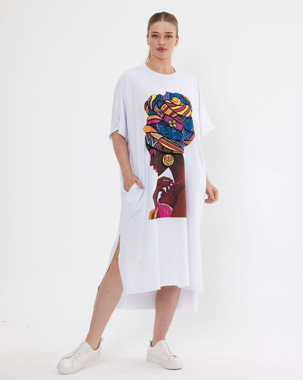 Thumbnail: Graphic Africa Lady Side Slit Dress With Pockets Womenswear 