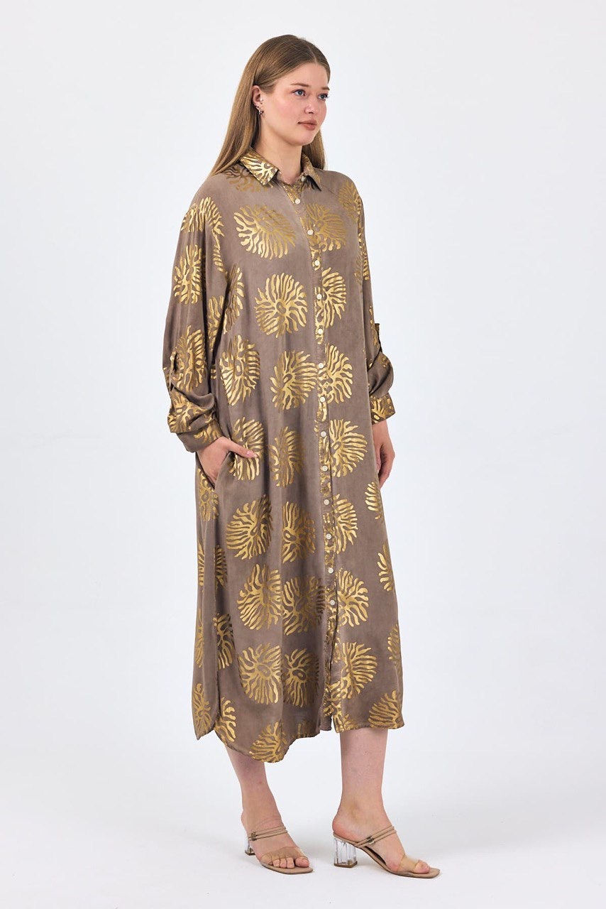 Miniatura: Metallic Leaf Print Button-Down Maxi Shirt Dress |Women's Casual & Elegant Long