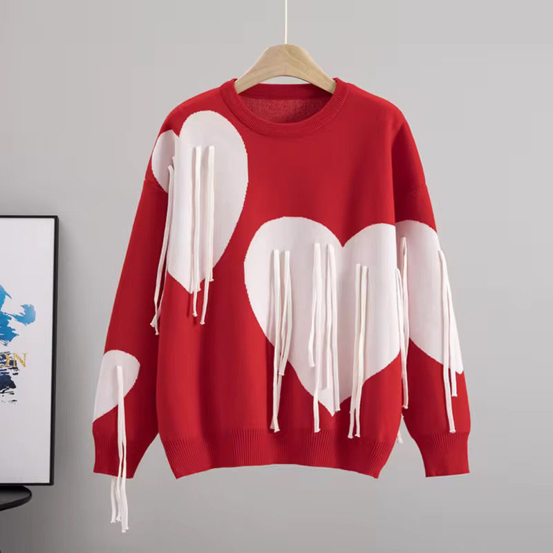 Миниатюра: Women’s Black Heart Fringe Knit Sweater | Oversized Long Sleeve Statement Jumper