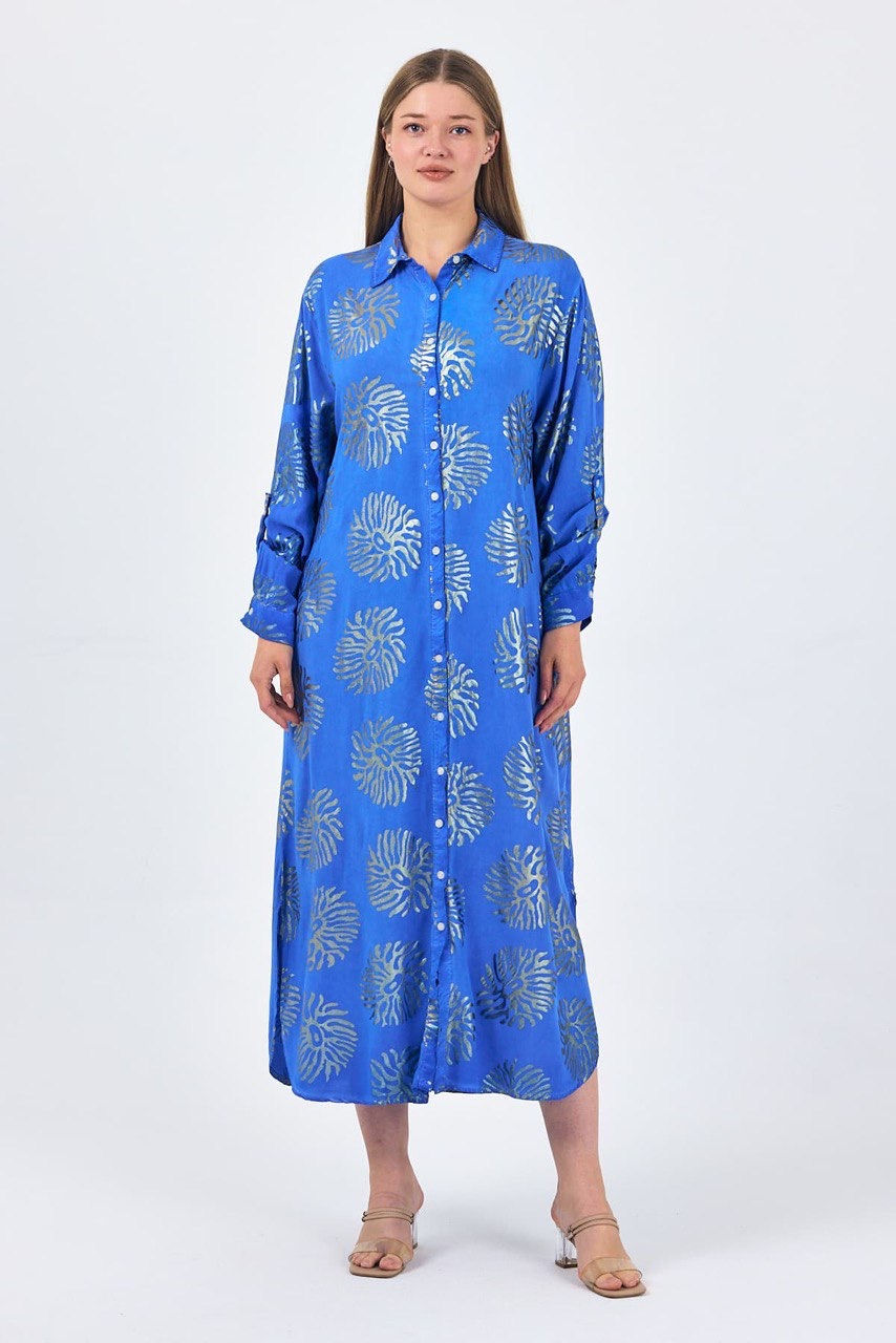 Miniatura: Metallic Leaf Print Button-Down Maxi Shirt Dress |Women's Casual & Elegant Long