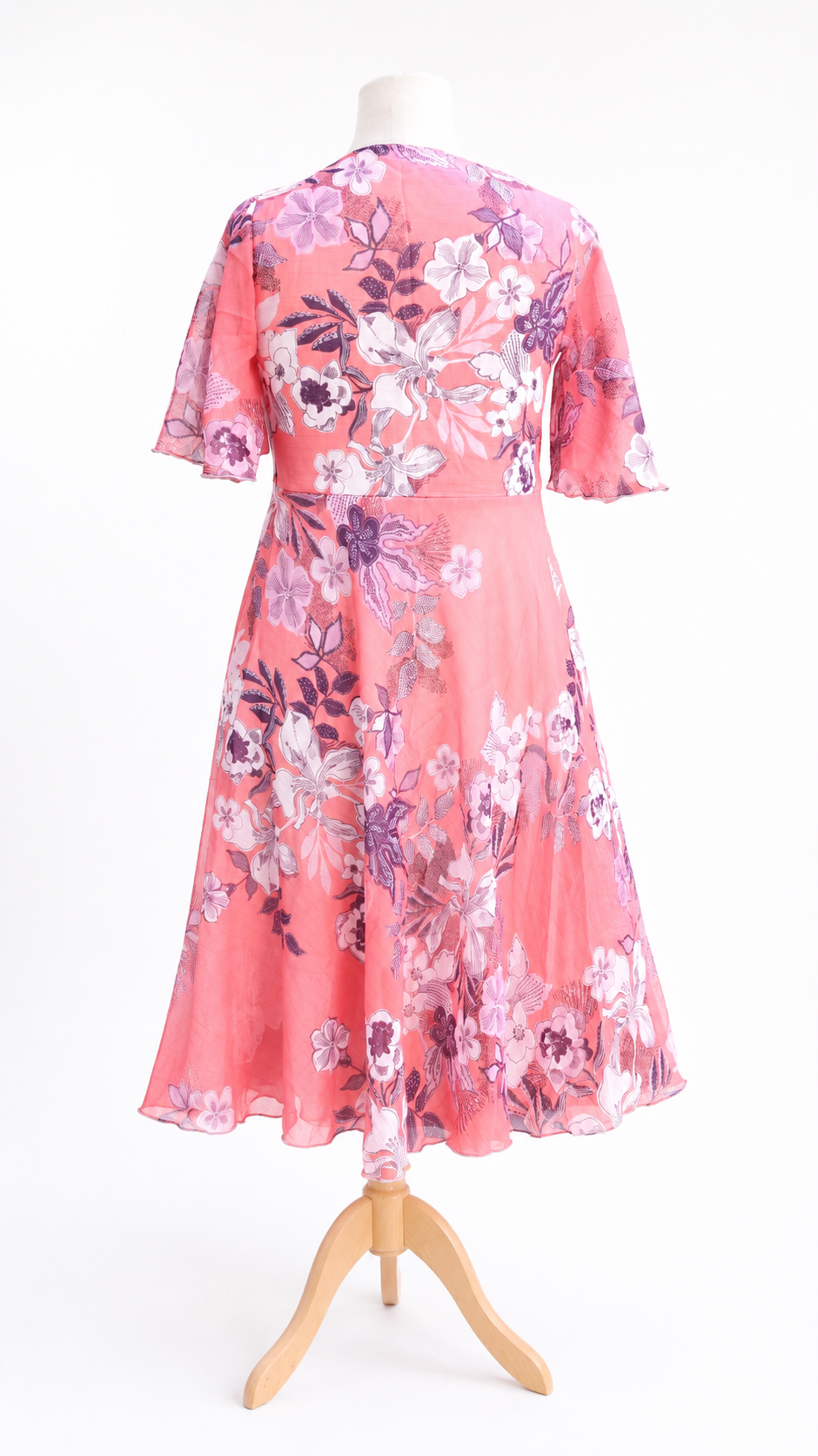 Miniatura: Coral Pink Floral Chiffon Midi Dress with Cowl Neck & Flutter Sleeves – Elegant
