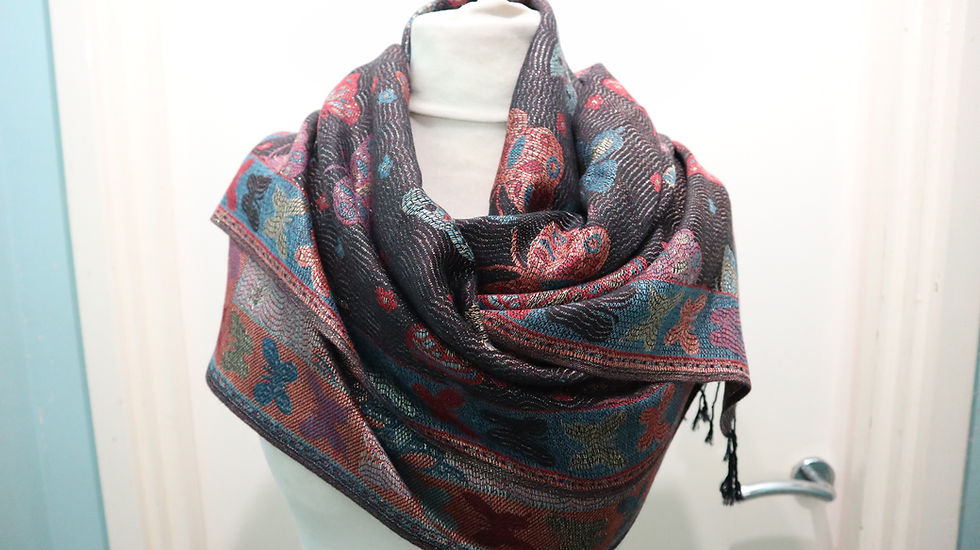 Thumbnail: Black Metallic Thread Butterfly Print Tassel Scarf,Hijab,head wrap,ankara head w
