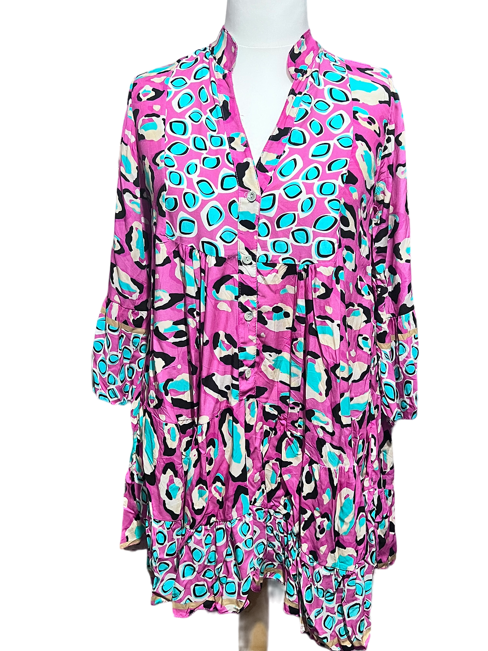 Thumbnail: Printed Stand Neck Bell Sleeve Women’s Tiered Midi Dress  Womenswear 