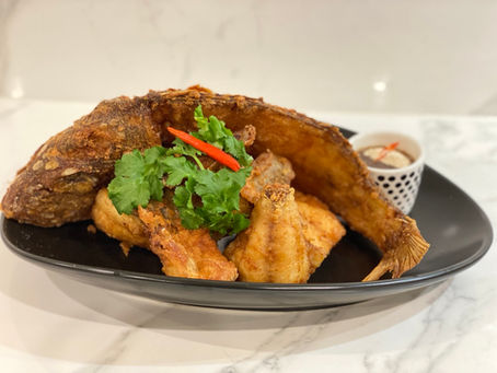 Crispy Whole Snapper with Tamarind, Roasted Rice Powder and Lime Dipping Sauce