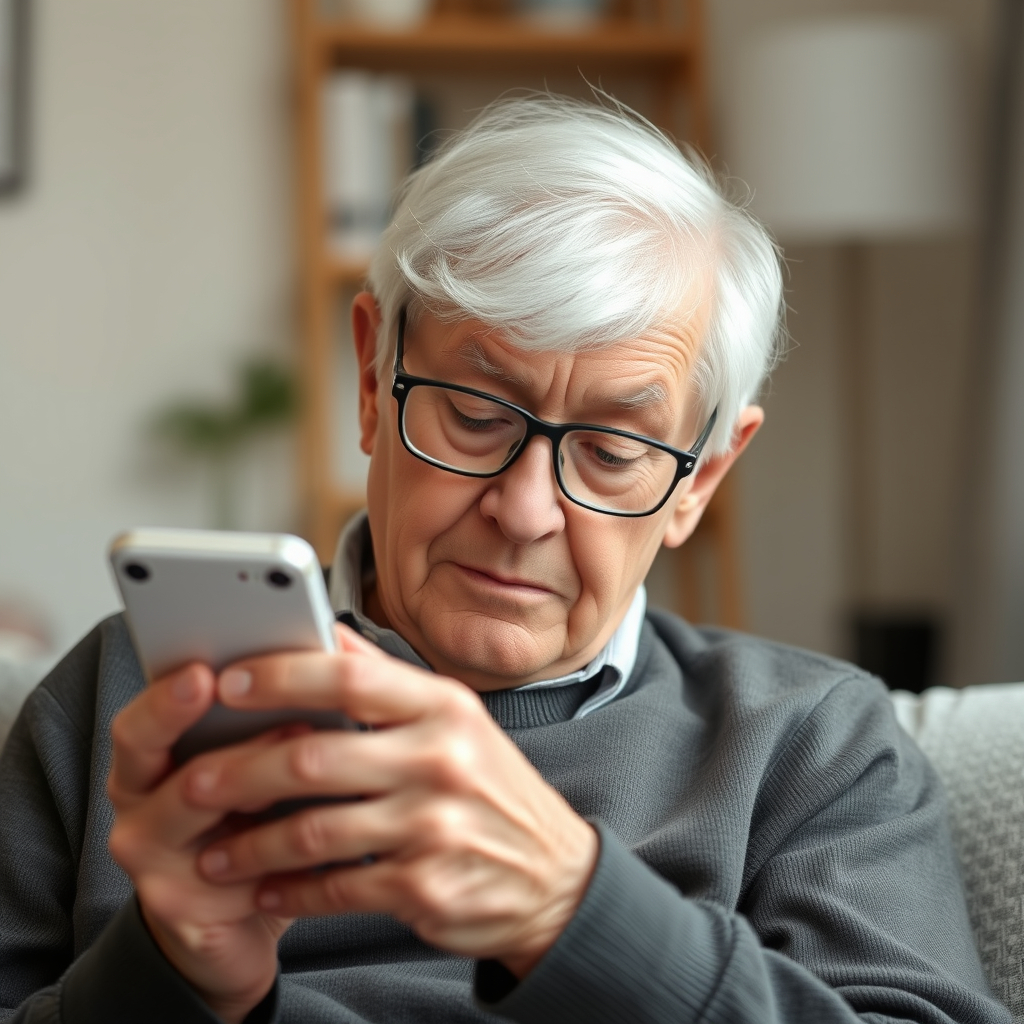 Older adult with rounded, forward-head posture looking at a phone