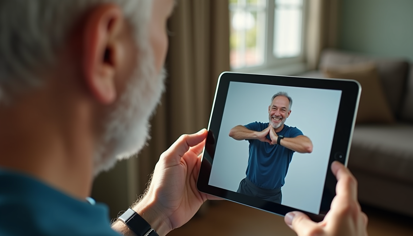 Close-up view of a senior man following an online exercise video on a tablet at home