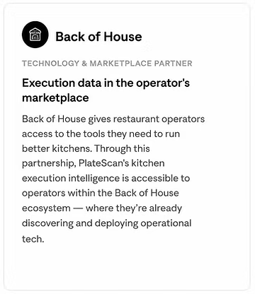 Back of House technology and marketplace partner card describing PlateScan availability in the Back of House operator marketplace