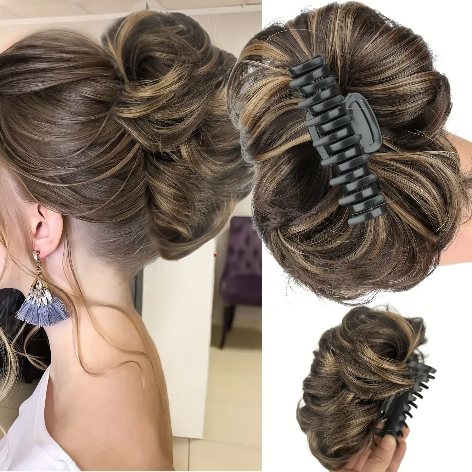 Claw Clip on Messy Hair Bun Hairpieces Synthetic Wavy Hair Bun Donut Updo