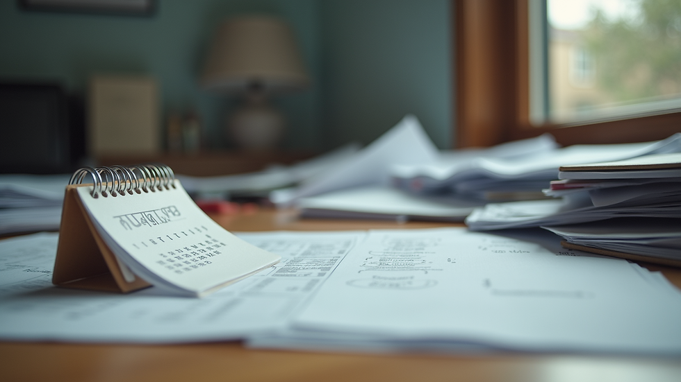 Close-up view of a cluttered desk with scattered papers and a calendar