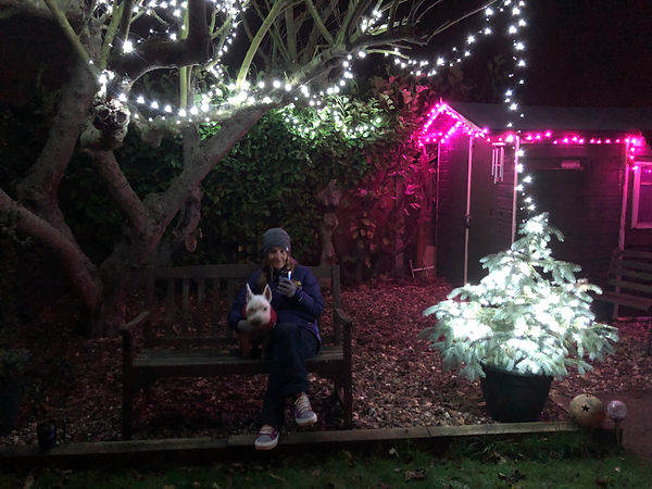 Picture of Victoria and Ralf sitting under the Christmas lights in the garden.