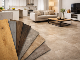 Ceramic tile samples on kitchen countertop