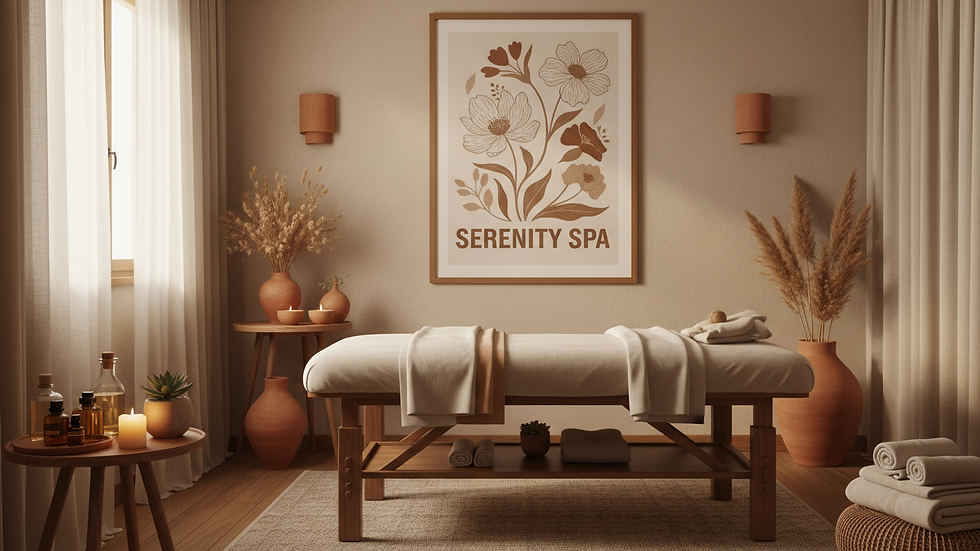 Eye-level view of a peaceful massage room with soft lighting