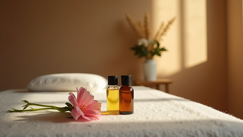 Vue rapprochée d’une table de massage avec des huiles essentielles