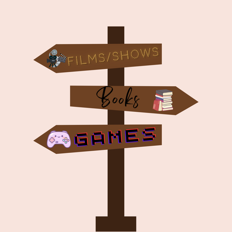 Brown signpost with arrows labeled FILMS/SHOWS, Books, and GAMES, with movie, book, and game icons on a pink background