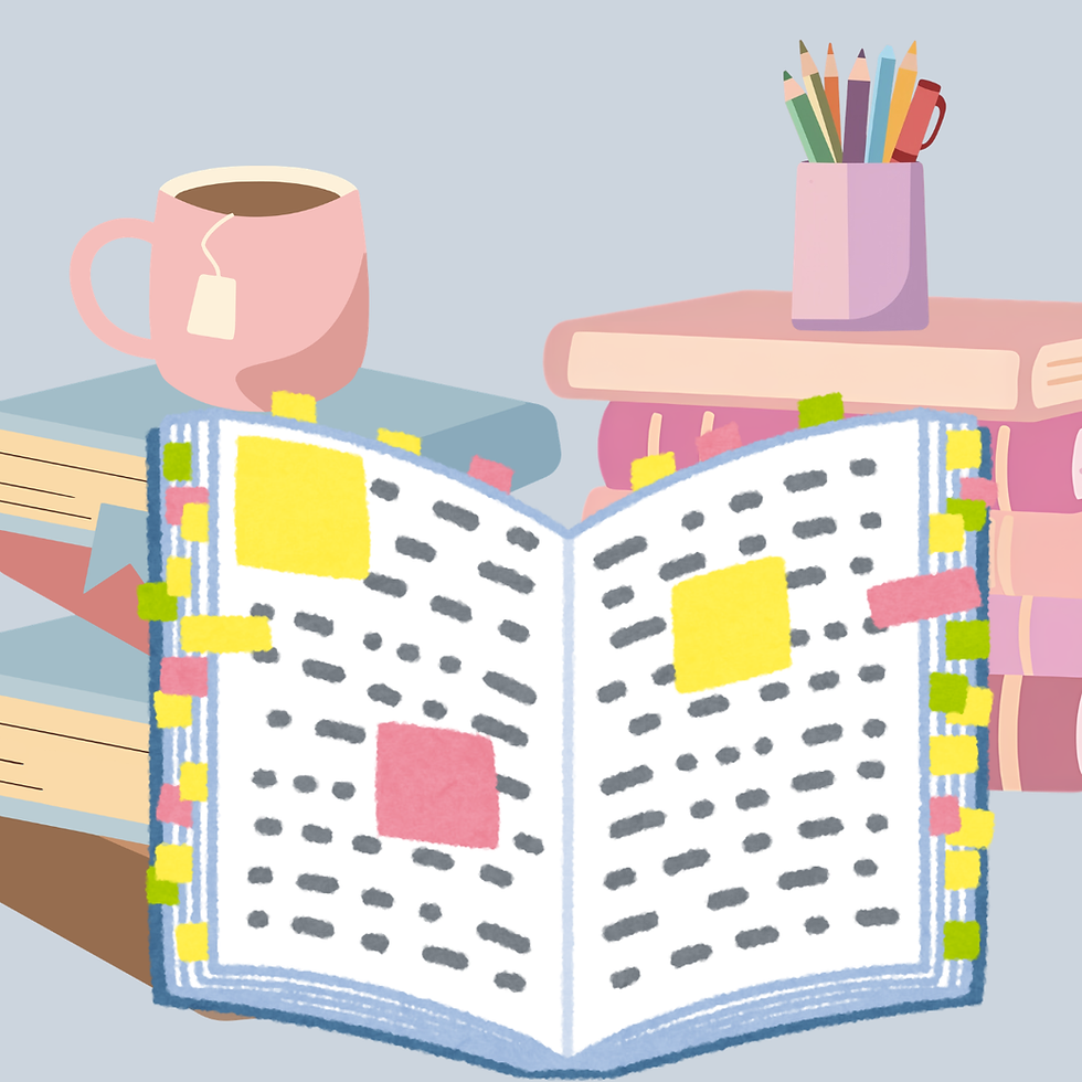 Open tabbed notebook on desk with pink mug, stacked books, and pencil cup in a soft pastel study scene.