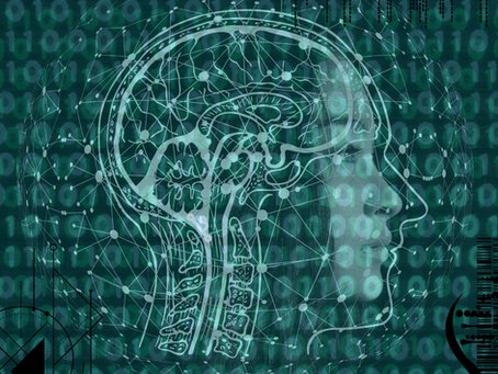 Abstract teal image of a human face overlaid with a glowing digital brain, network lines, and binary numbers, evoking AI and thought