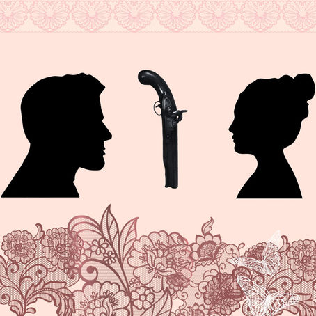 Black silhouettes of a man and woman face each other with an old pistol between them on a pink floral lace background with butterflies