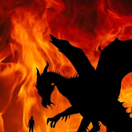 Tiny human faces a giant black dragon silhouette amid roaring orange flames, creating a tense, ominous scene.