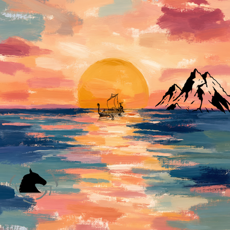 Colorful painted seascape at sunset with a small sailboat, glowing sun, distant mountains, and a black horse icon in the corner