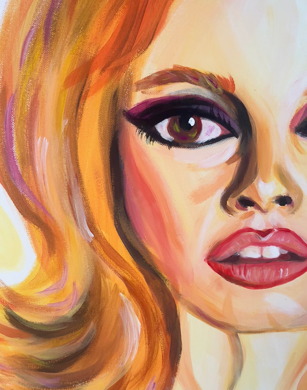 Détail des nuances du tableau acrylique de Brigitte Bardot