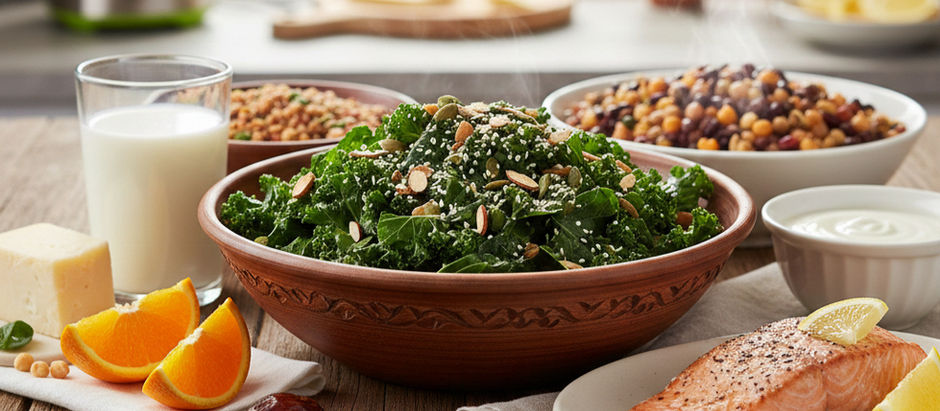 A wooden table with a kale salad, salmon, glass of milk, orange slices, and nuts. Background shows a blender and plants by a window.